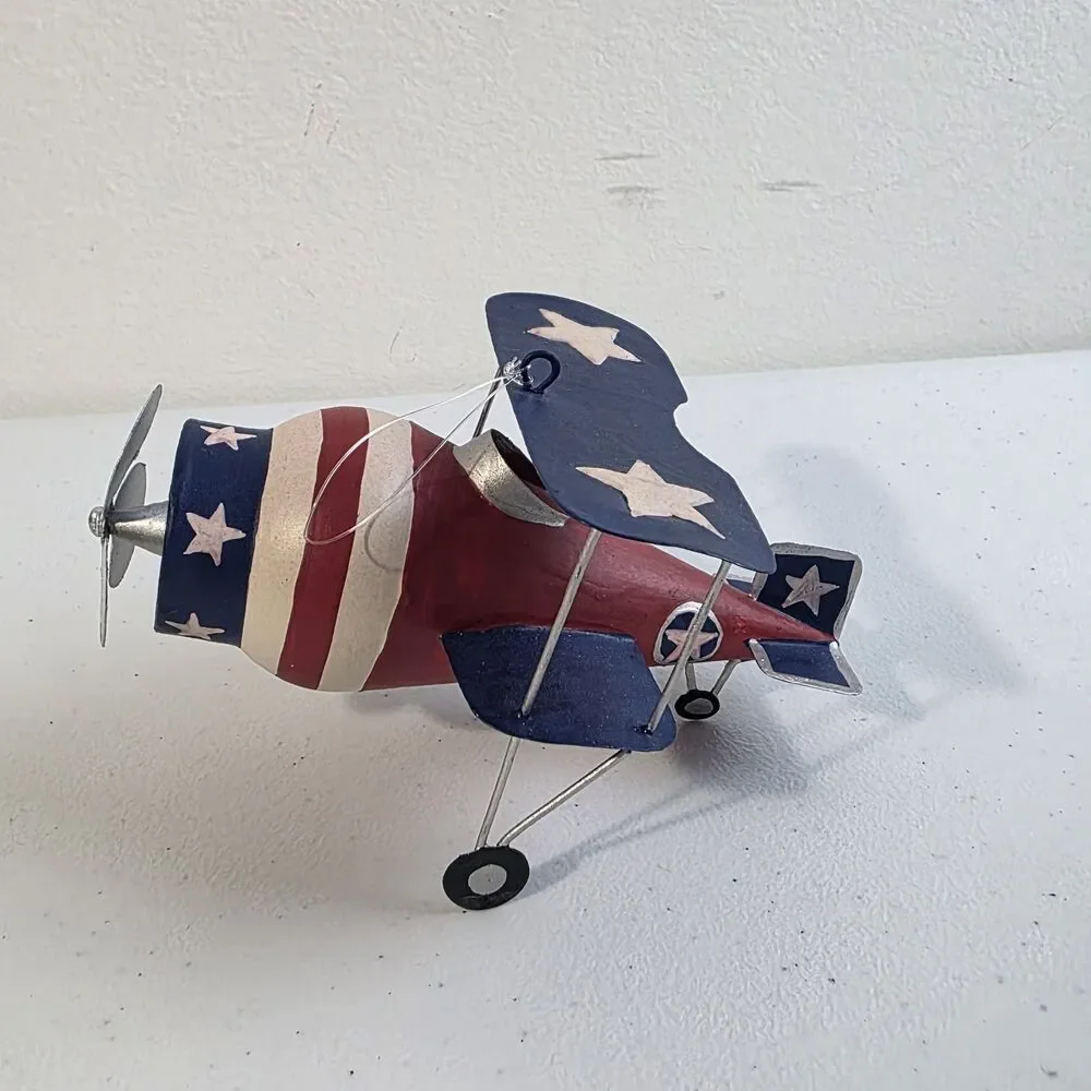 Pier One Vintage Metal Red White And Blue Airplane Ornament. July 4th Rare EUC
